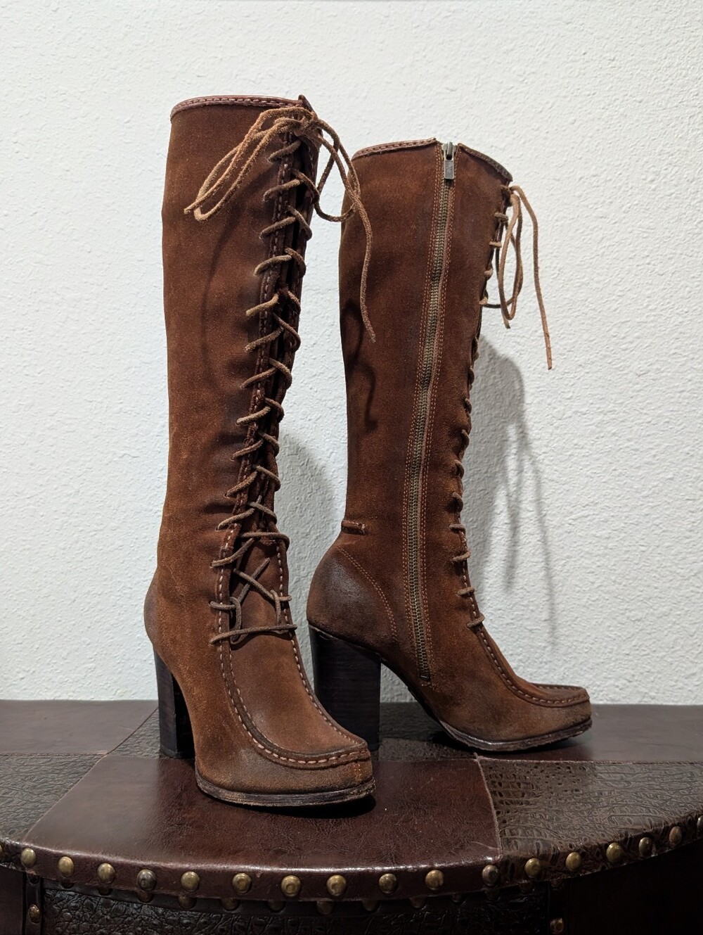 FRYE Parker Moccasin Lace Up Tall Knee High Zip Brown Suede Leather Boots - Picture 10 of 16